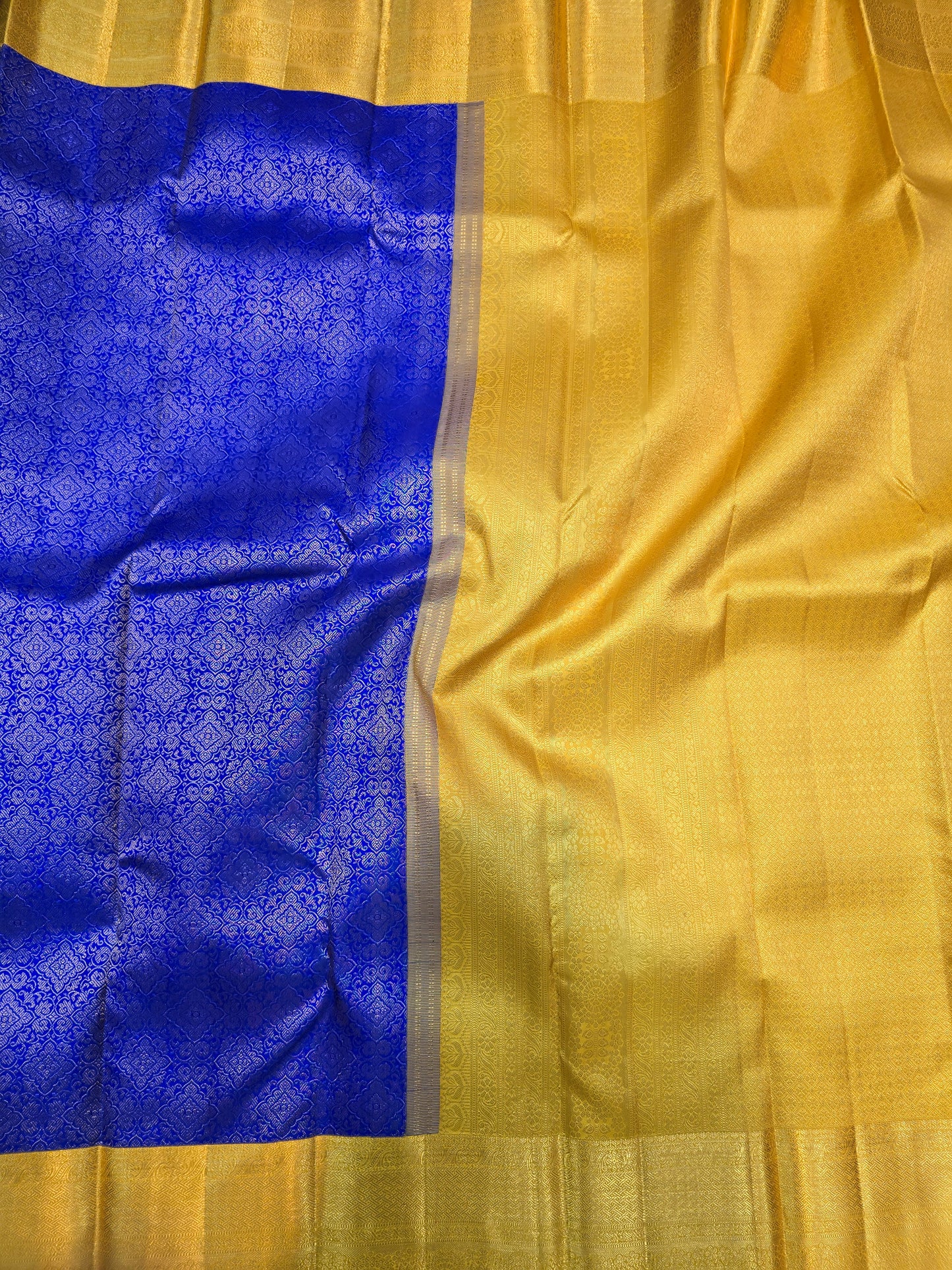 Royal Blue Kanchipuram Silk Saree with  Mustard Gold Zari  Border Bridal Traditional Saree