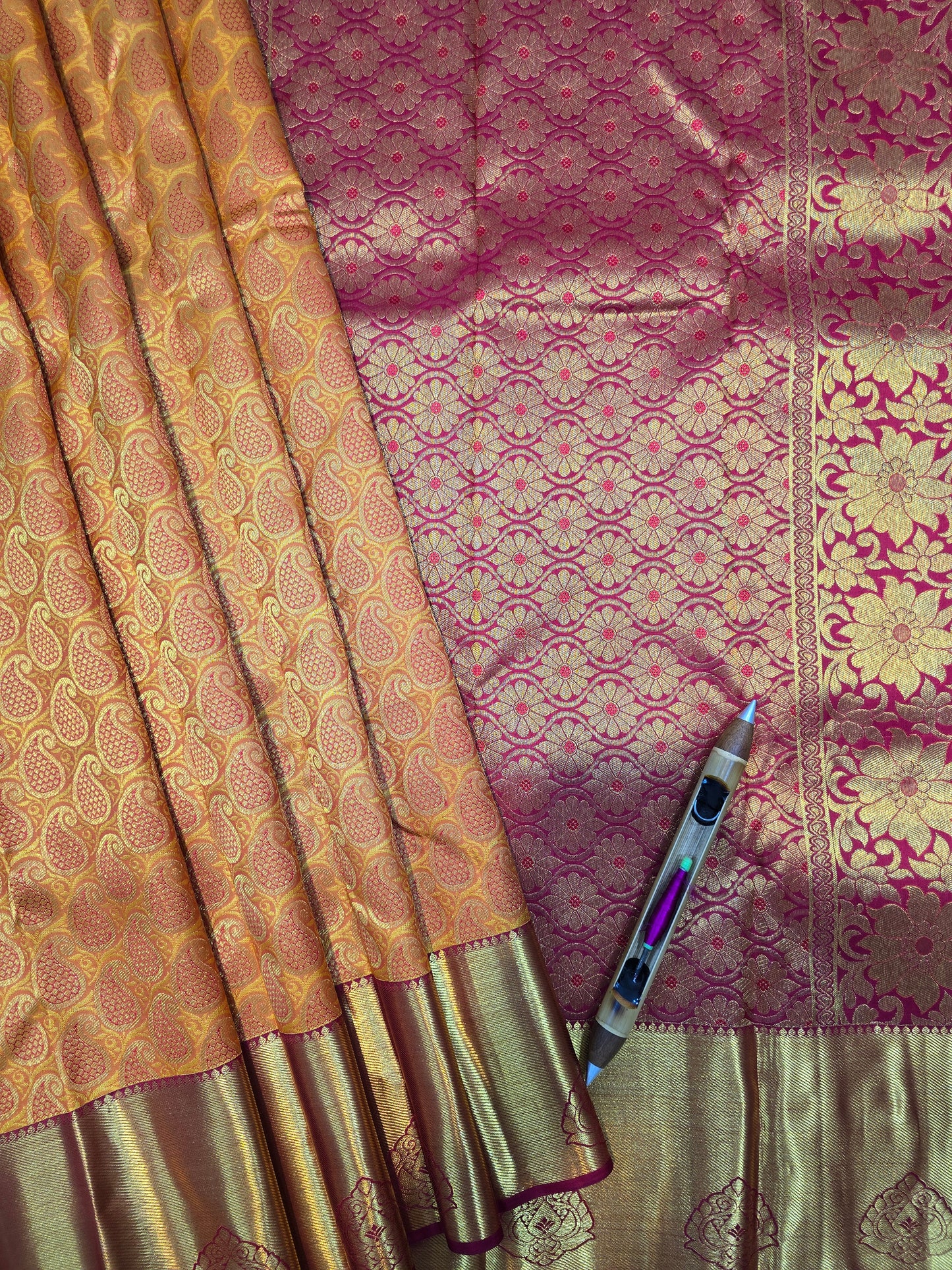 Mustard Gold Kanchipuram Silk Saree with Magenta Zari Pallu Bridal Traditional Saree