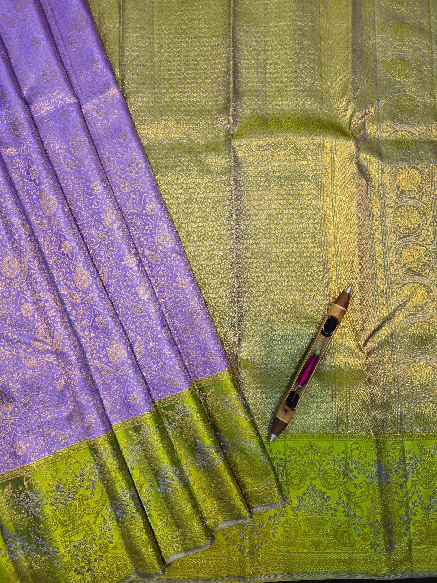 Lavender Purple Kanchipuram Silk Saree with Green Zari Border Bridal Traditional Saree
