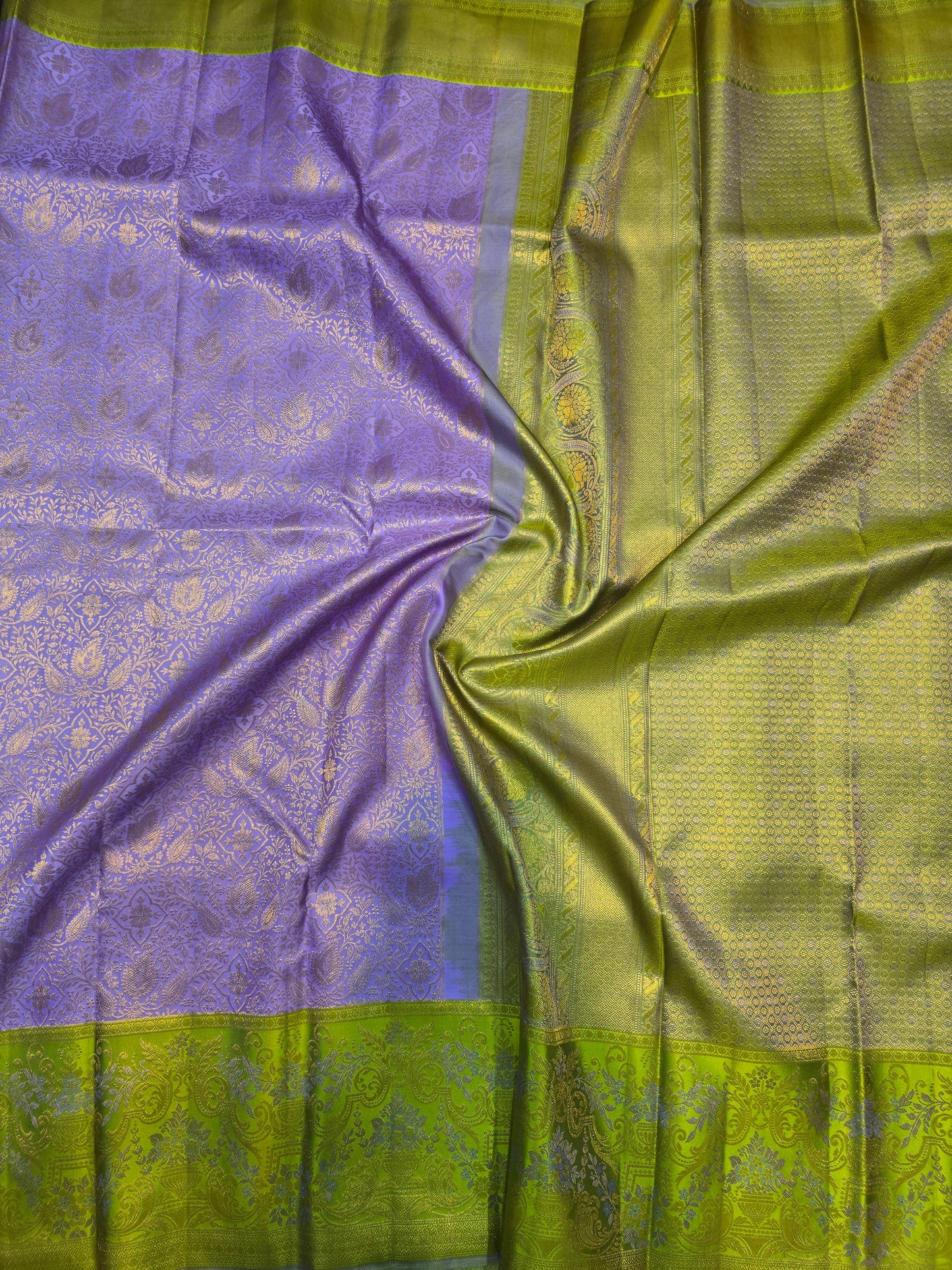 Lavender Purple Kanchipuram Silk Saree with Green Zari Border Bridal Traditional Saree