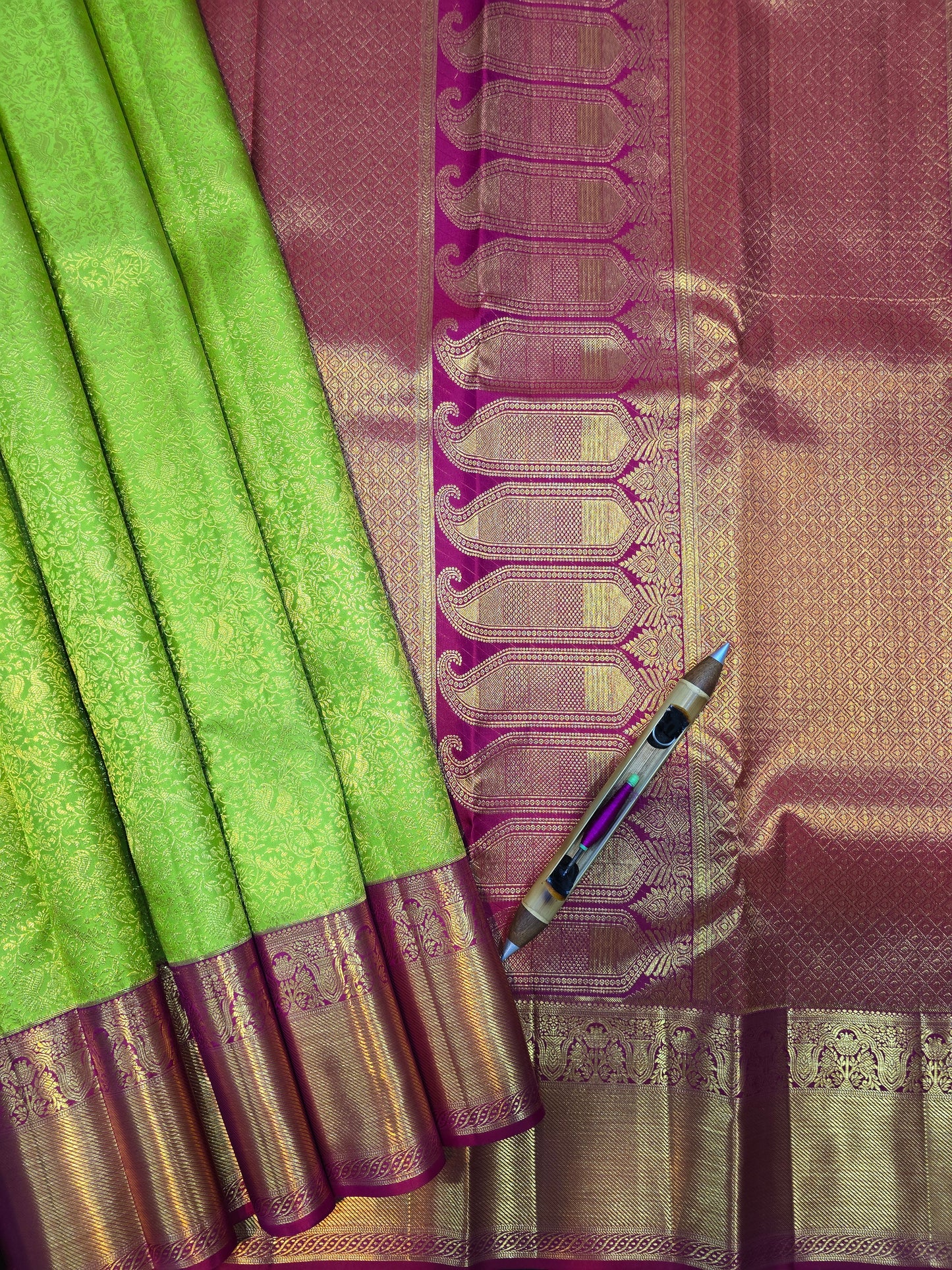 Parrot Green Kanchipuram Silk Saree with Magenta Zari Border Bridal Traditional Saree