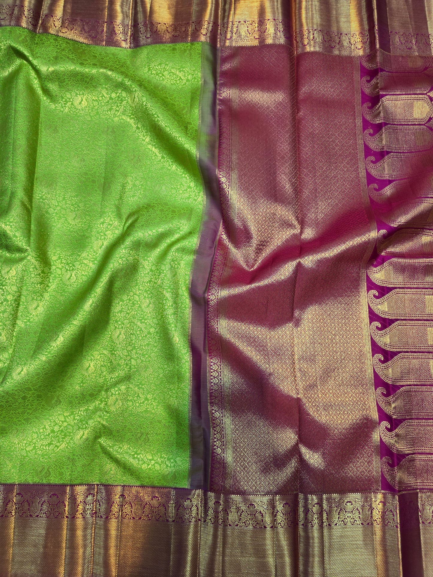 Parrot Green Kanchipuram Silk Saree with Magenta Zari Border Bridal Traditional Saree
