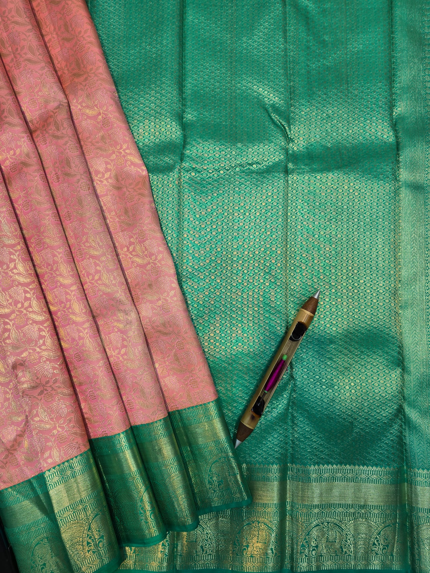Pastel Pink Kanchipuram Silk Saree with Green Korvai Border Bridal Traditional Saree