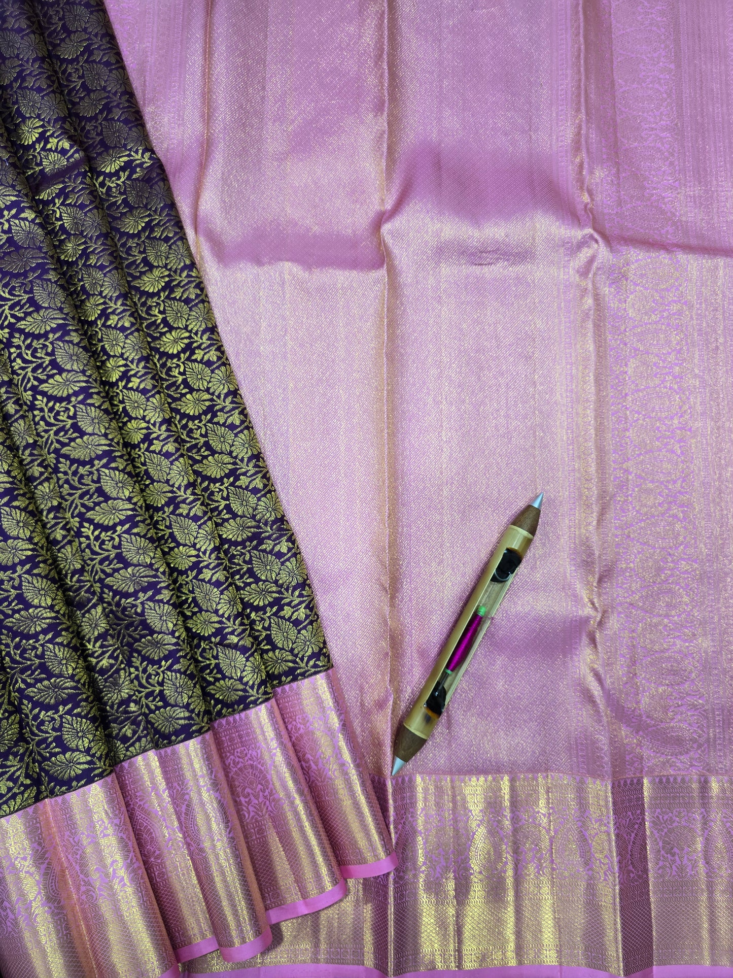 Purple Kanchipuram Silk Saree with Pink Zari Pallu Bridal Traditional Saree