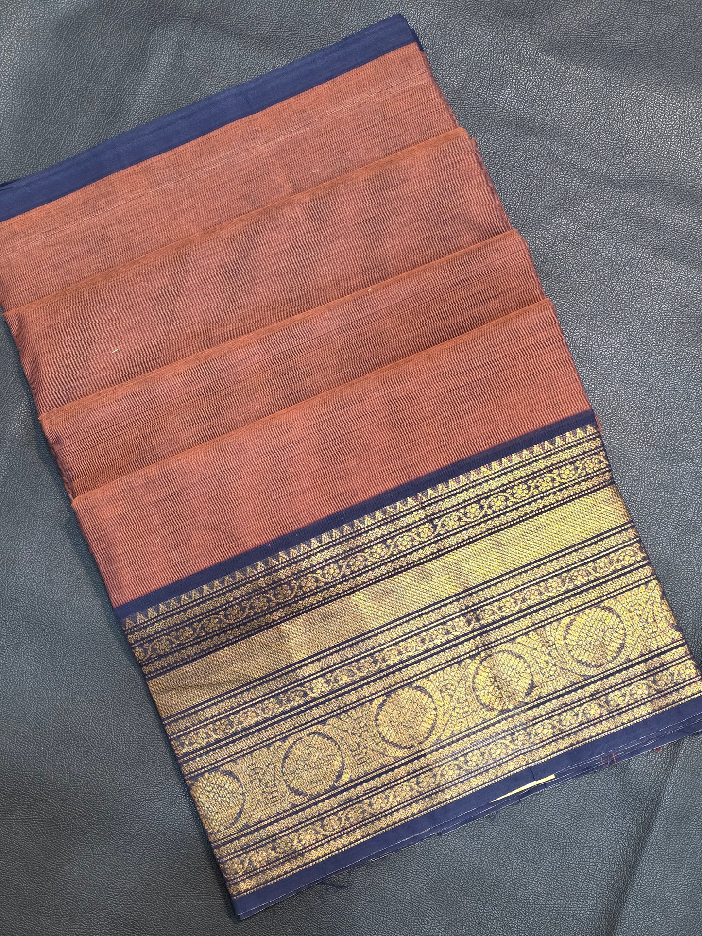 Pure Cotton Brown Saree with Royal Blue Zari Border | Traditional Festive Wear Saree for Women