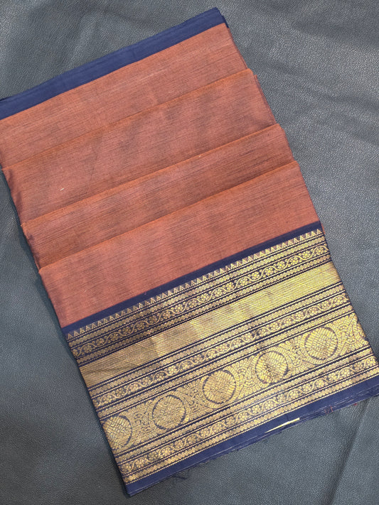 Pure Cotton Brown Saree with Royal Blue Zari Border | Traditional Festive Wear Saree for Women