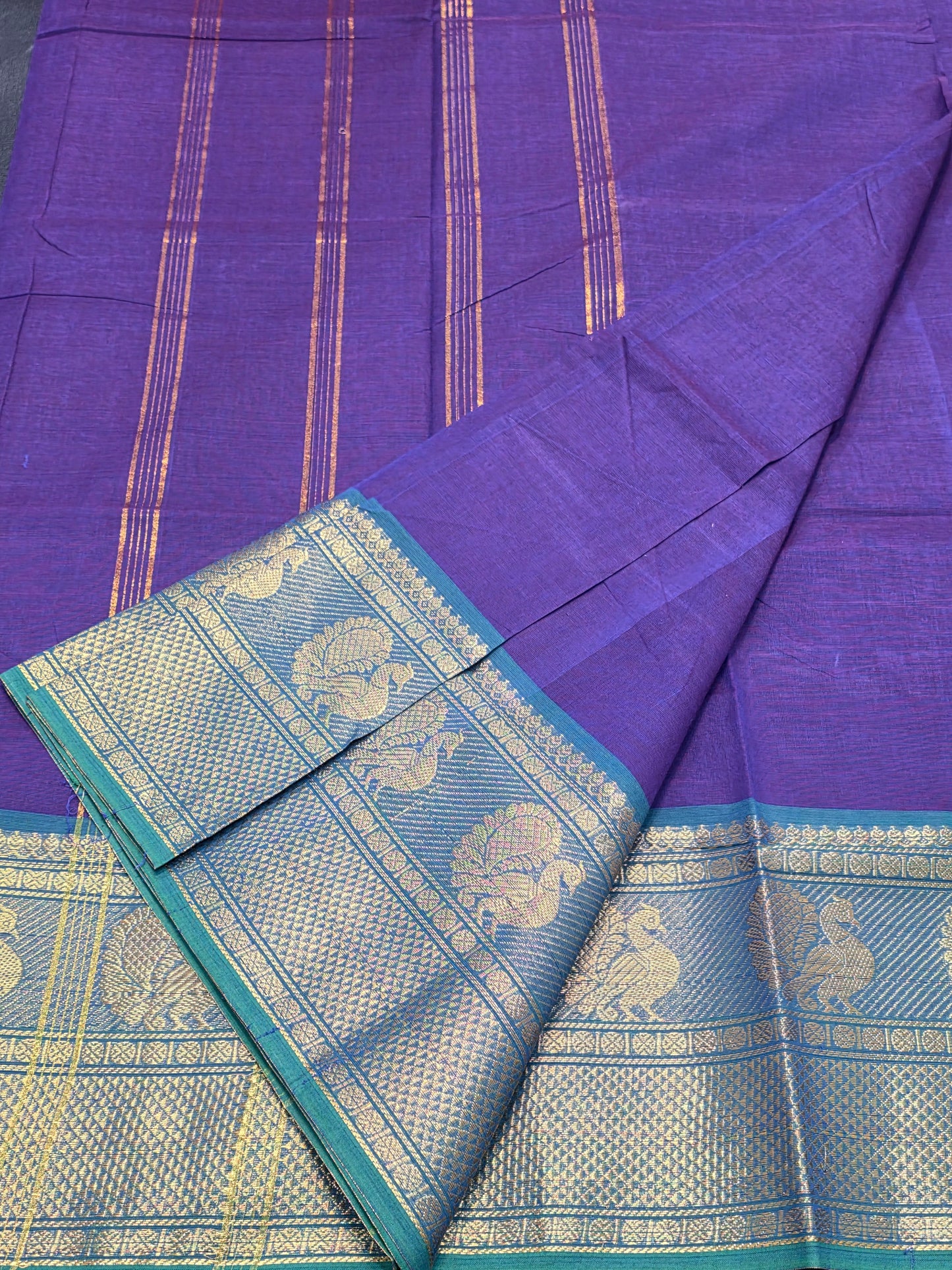 Pure Cotton Purple Saree with Teal Peacock Zari Border | Traditional Festive Saree for Women
