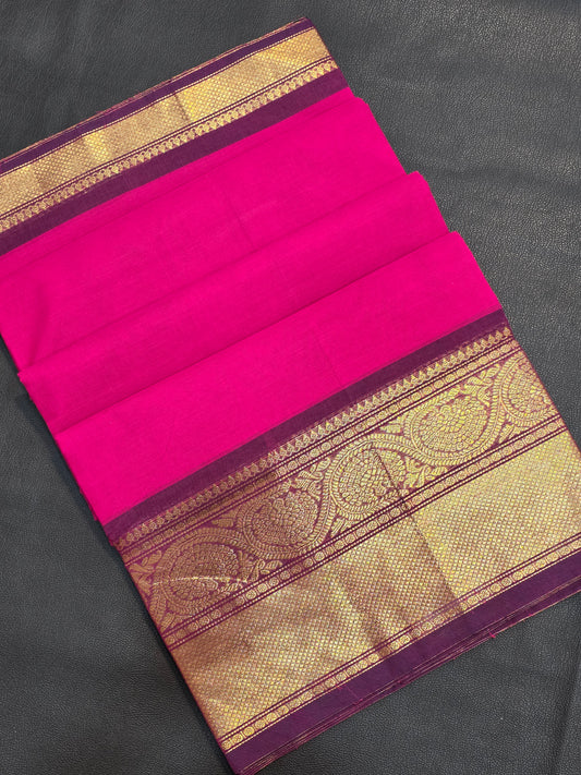 Pure Cotton Rani Pink Saree with Purple Zari Border | Traditional Festive Wear Saree for Women