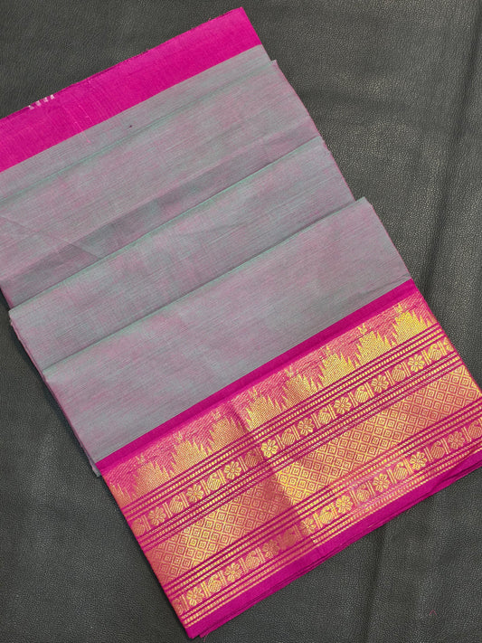 Pure Cotton Ash Grey Saree with Rani Pink Zari Border | Traditional Festive Wear Saree