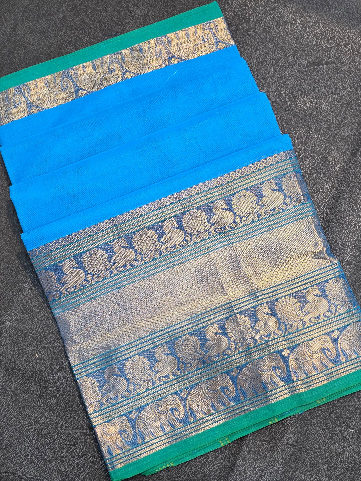 Pure Cotton Turquoise Blue Saree with Teal Green Zari Border | Traditional Festive Wear Saree