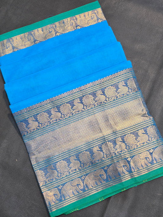 Pure Cotton Turquoise Blue Saree with Teal Green Zari Border | Traditional Festive Wear Saree
