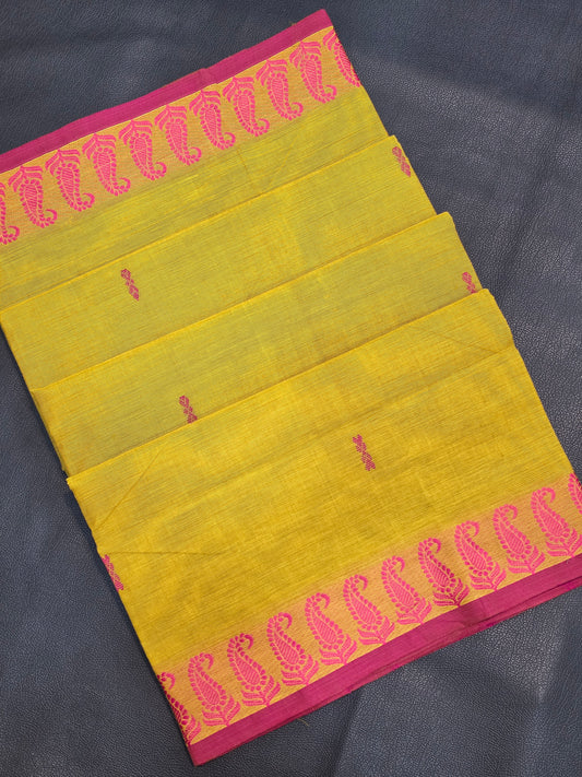 Pure Cotton Olive Green Saree with Magenta Paisley Border | Traditional Ethnic Wear Saree