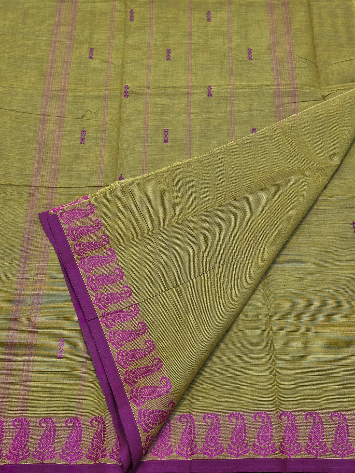 Pure Cotton Olive Green Saree with Magenta Paisley Border | Traditional Ethnic Wear Saree