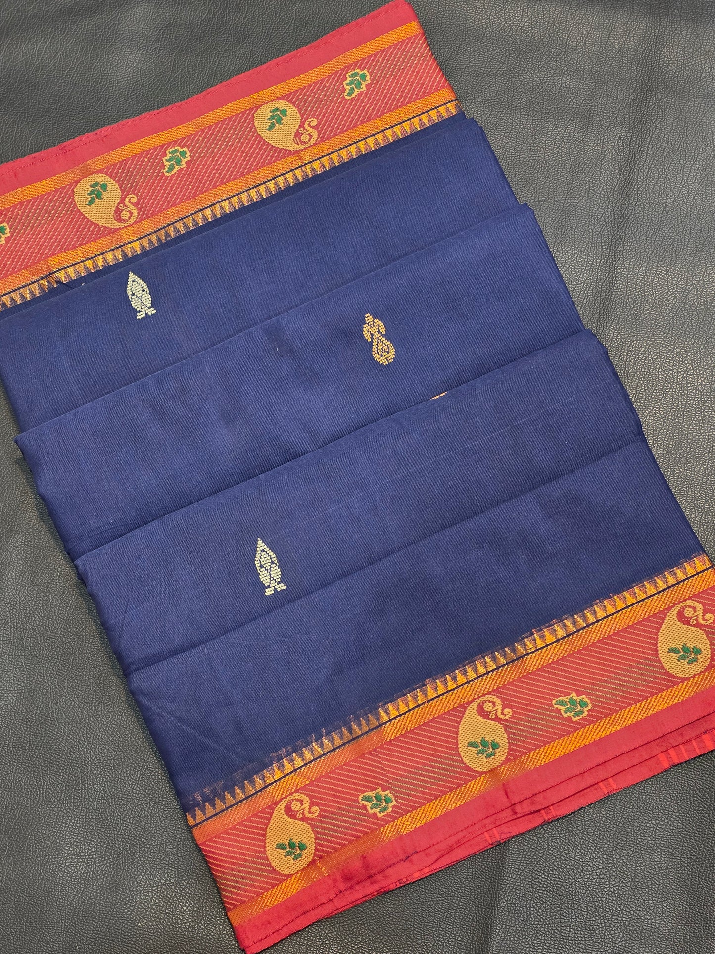 Pure Cotton Navy Blue Saree with Rust Orange Paisley Border | Traditional Ethnic Wear Saree