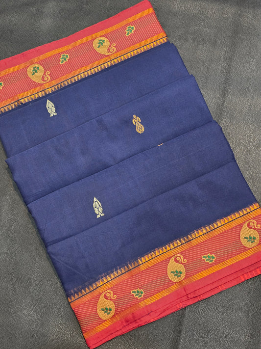 Pure Cotton Navy Blue Saree with Rust Orange Paisley Border | Traditional Ethnic Wear Saree