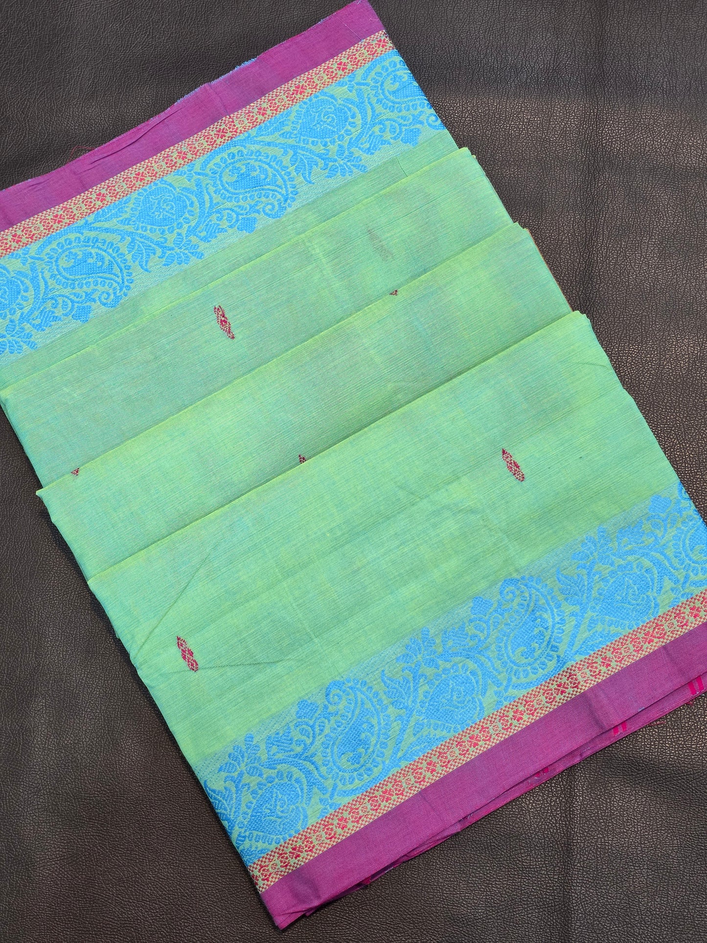 Pure Cotton Mint Green Saree with Blue Paisley Border | Traditional Festive Wear Saree