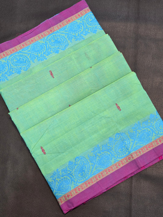 Pure Cotton Mint Green Saree with Blue Paisley Border | Traditional Festive Wear Saree