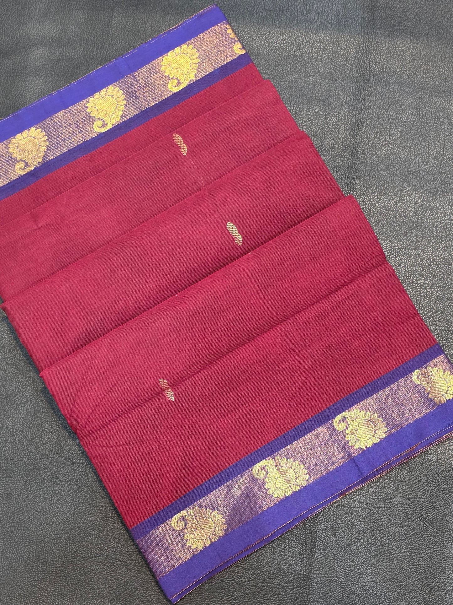Pure Cotton Maroon Saree with Royal Blue Zari Border | Traditional Festive Wear Saree
