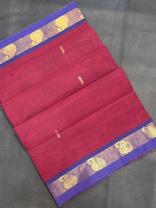 Pure Cotton Maroon Saree with Royal Blue Zari Border | Traditional Festive Wear Saree
