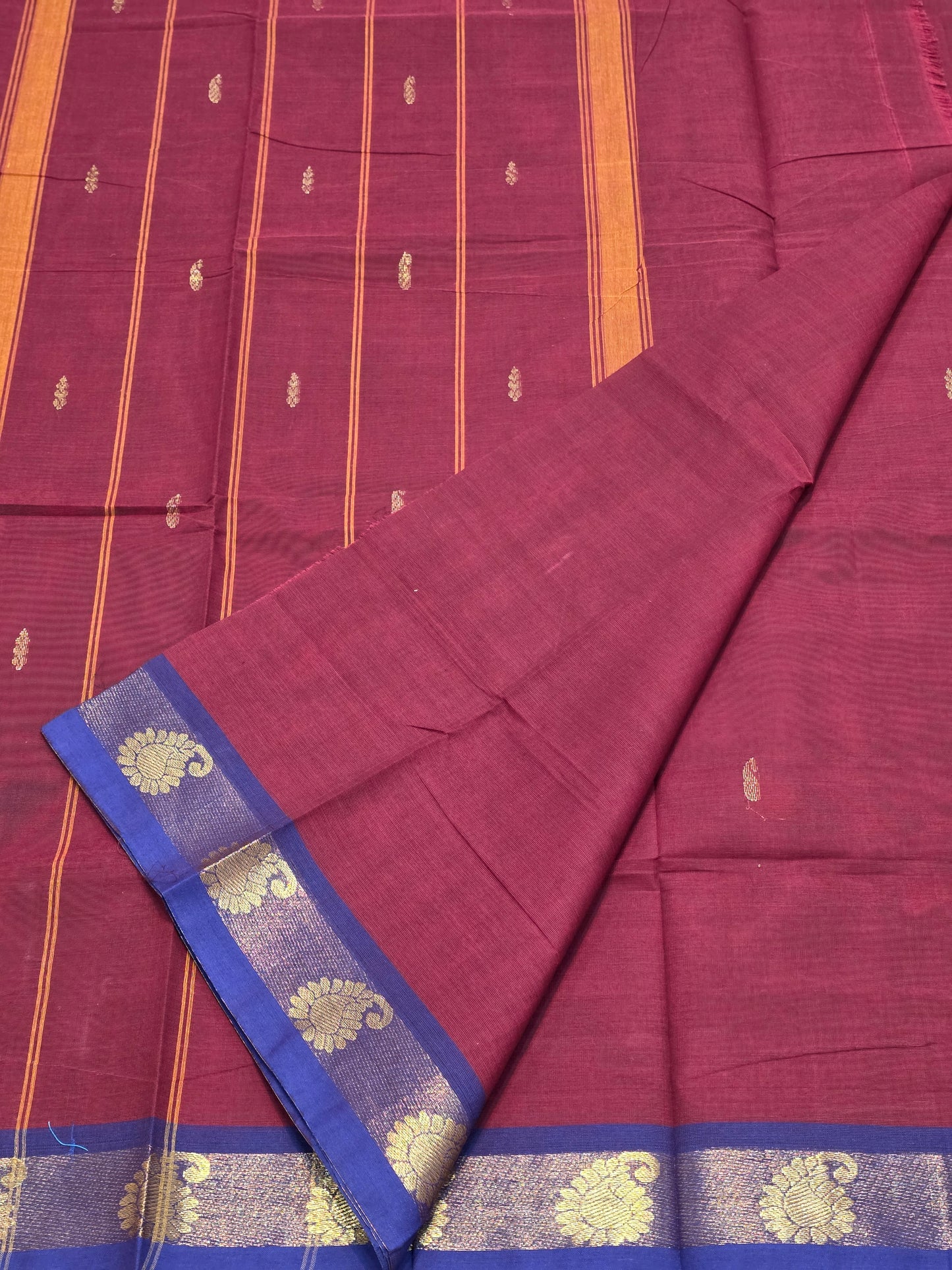 Pure Cotton Maroon Saree with Royal Blue Zari Border | Traditional Festive Wear Saree