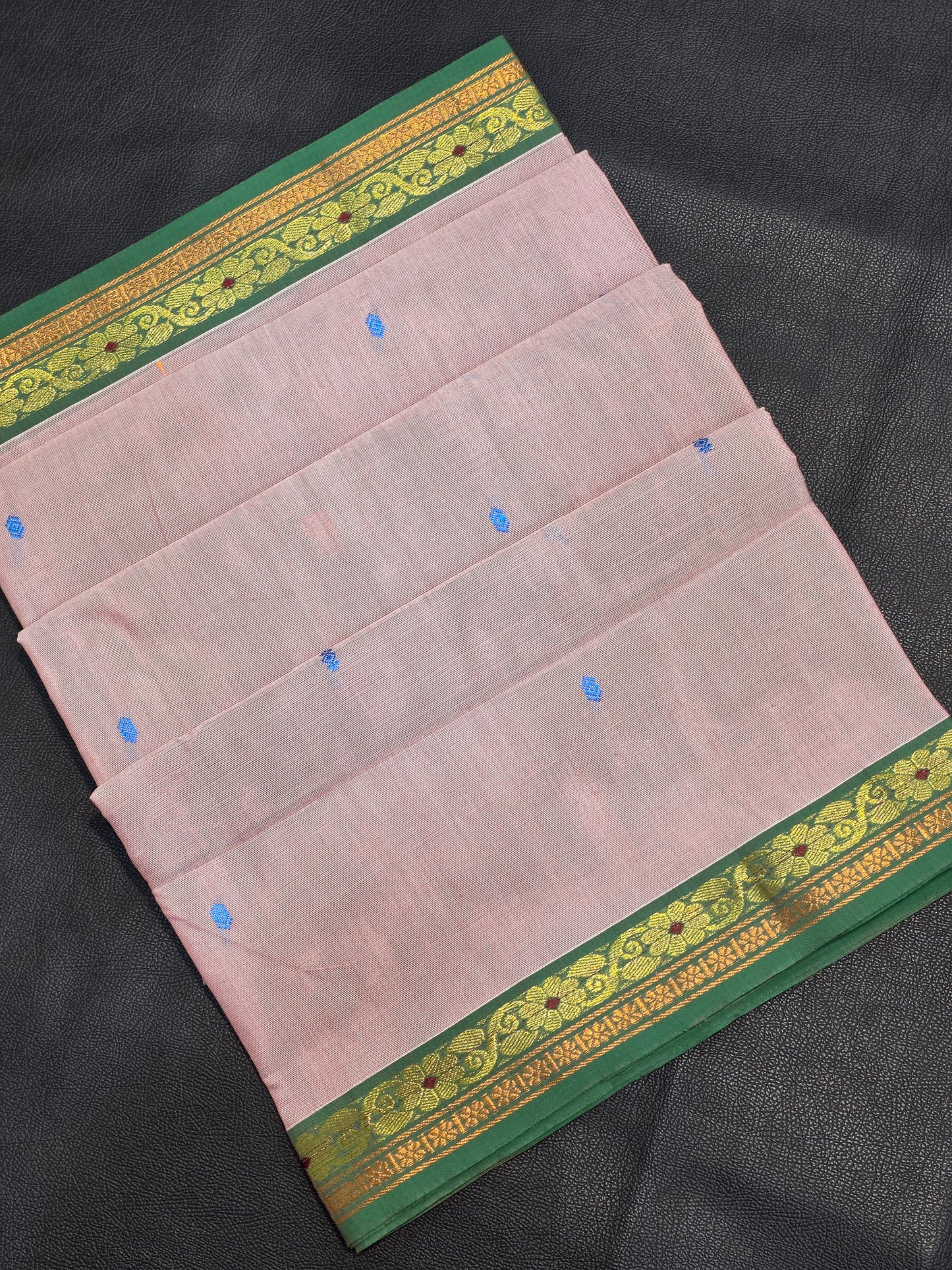 Pure Cotton Pearl Beige Saree with Emerald Green Zari Border | Traditional Festive Wear Saree