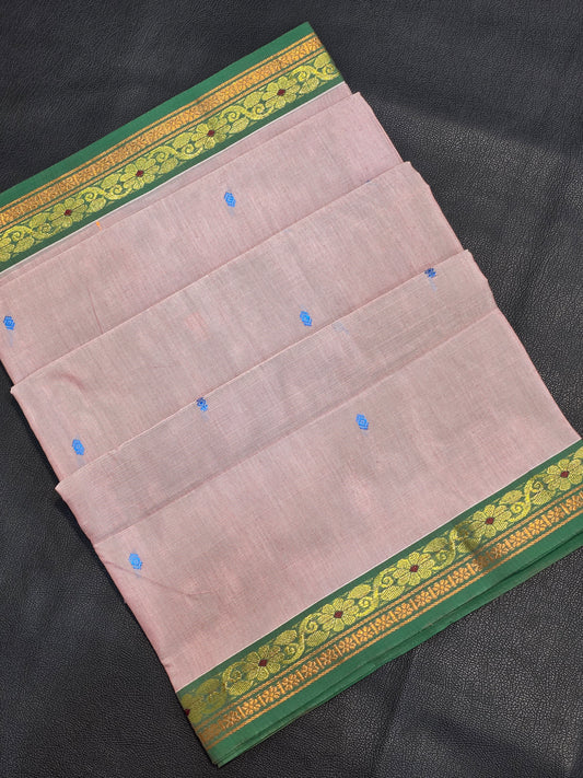 Pure Cotton Pearl Beige Saree with Emerald Green Zari Border | Traditional Festive Wear Saree
