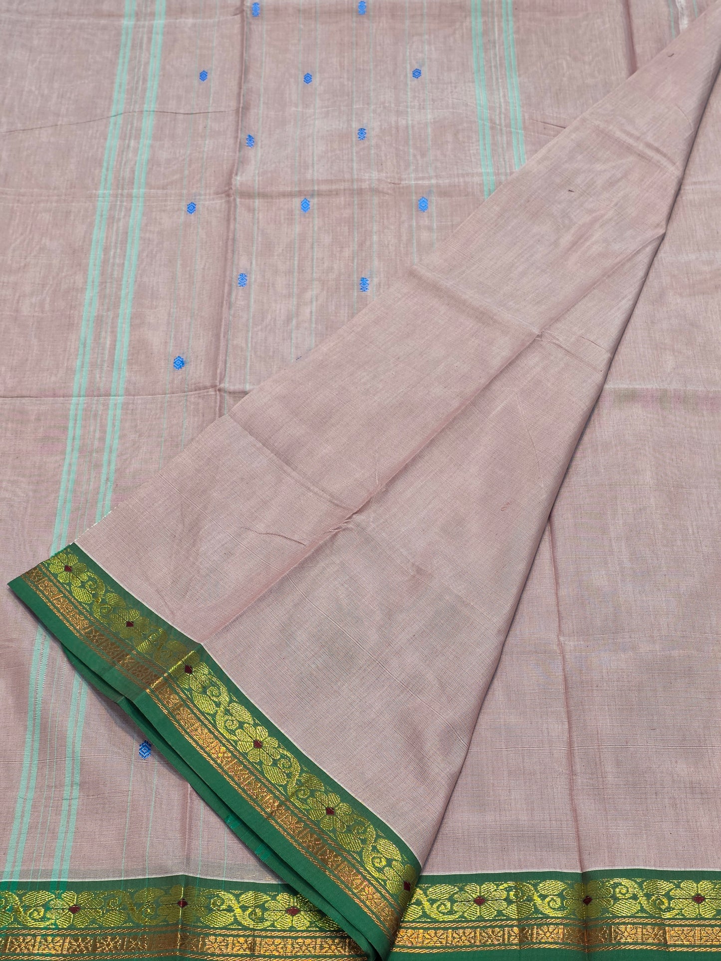 Pure Cotton Pearl Beige Saree with Emerald Green Zari Border | Traditional Festive Wear Saree