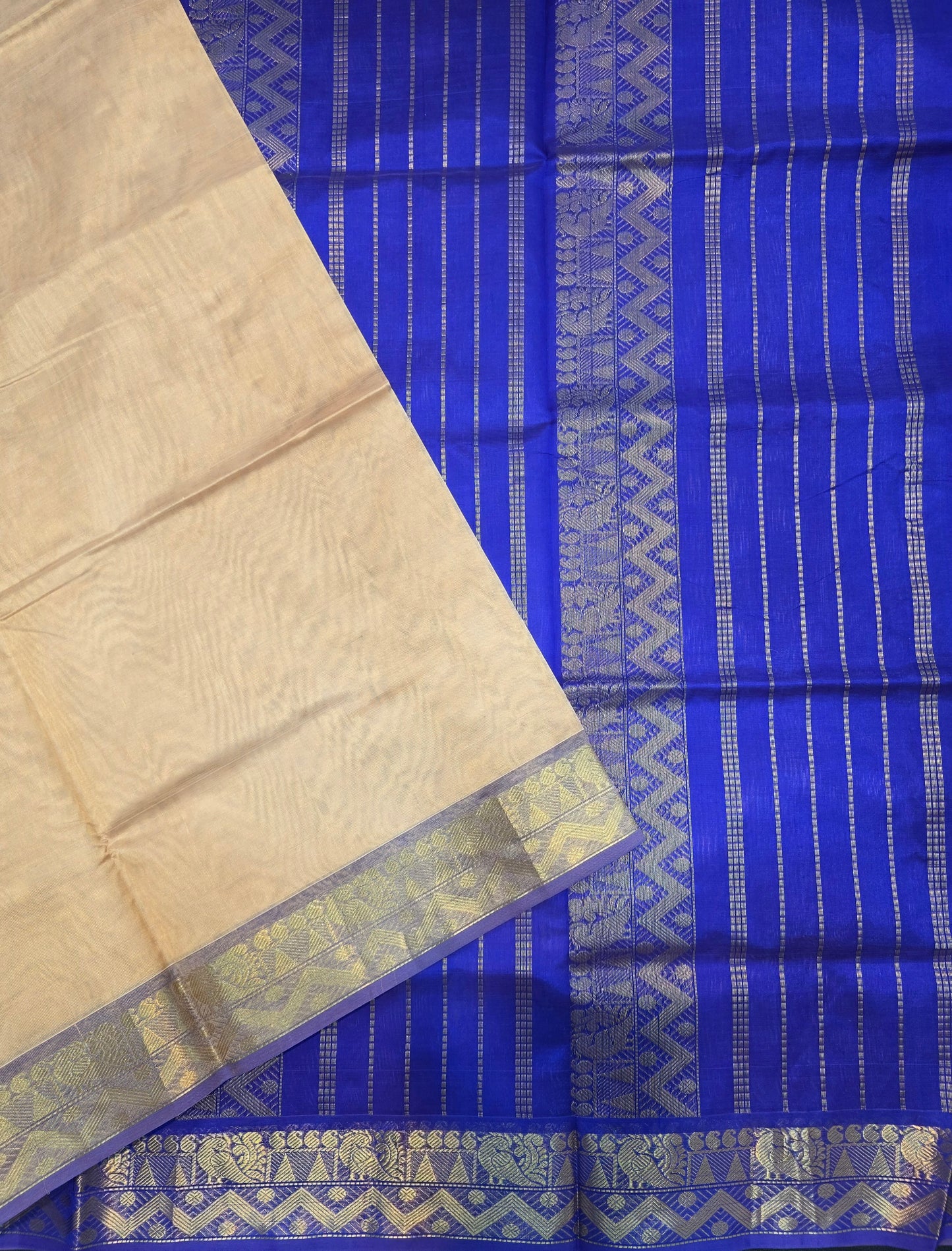 Pure Silk Cotton Saree in Ivory Beige with Royal Blue Silver Zari Border | Traditional Festive Saree