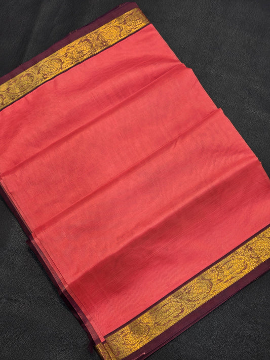 Pure Silk Cotton Saree in Blush Pink & Deep Aubergine with Gold Zari Border | Traditional Festive Saree