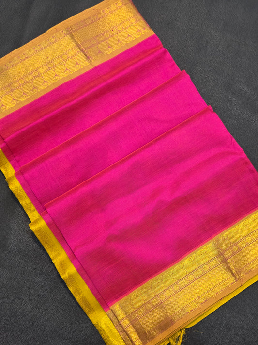 Pure Silk Cotton Rani Pink Saree with Broad Gold Zari Border | Bridal & Traditional Saree