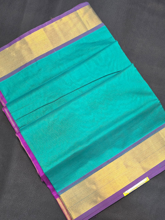 Pure Silk Cotton Saree in Peacock  Teal  Royal Purple with Contrast Pallu & Gold Zari Border