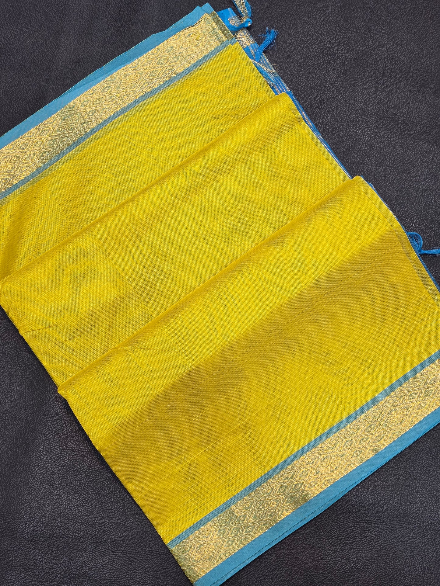 Pure Silk Cotton Mustard Yellow & Sky Blue Saree with Silver Zari Border | Traditional Festive Saree