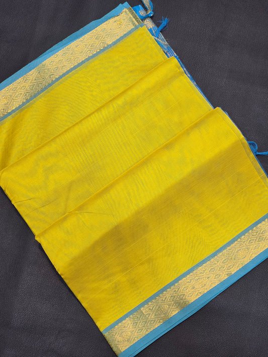 Pure Silk Cotton Mustard Yellow & Sky Blue Saree with Silver Zari Border | Traditional Festive Saree