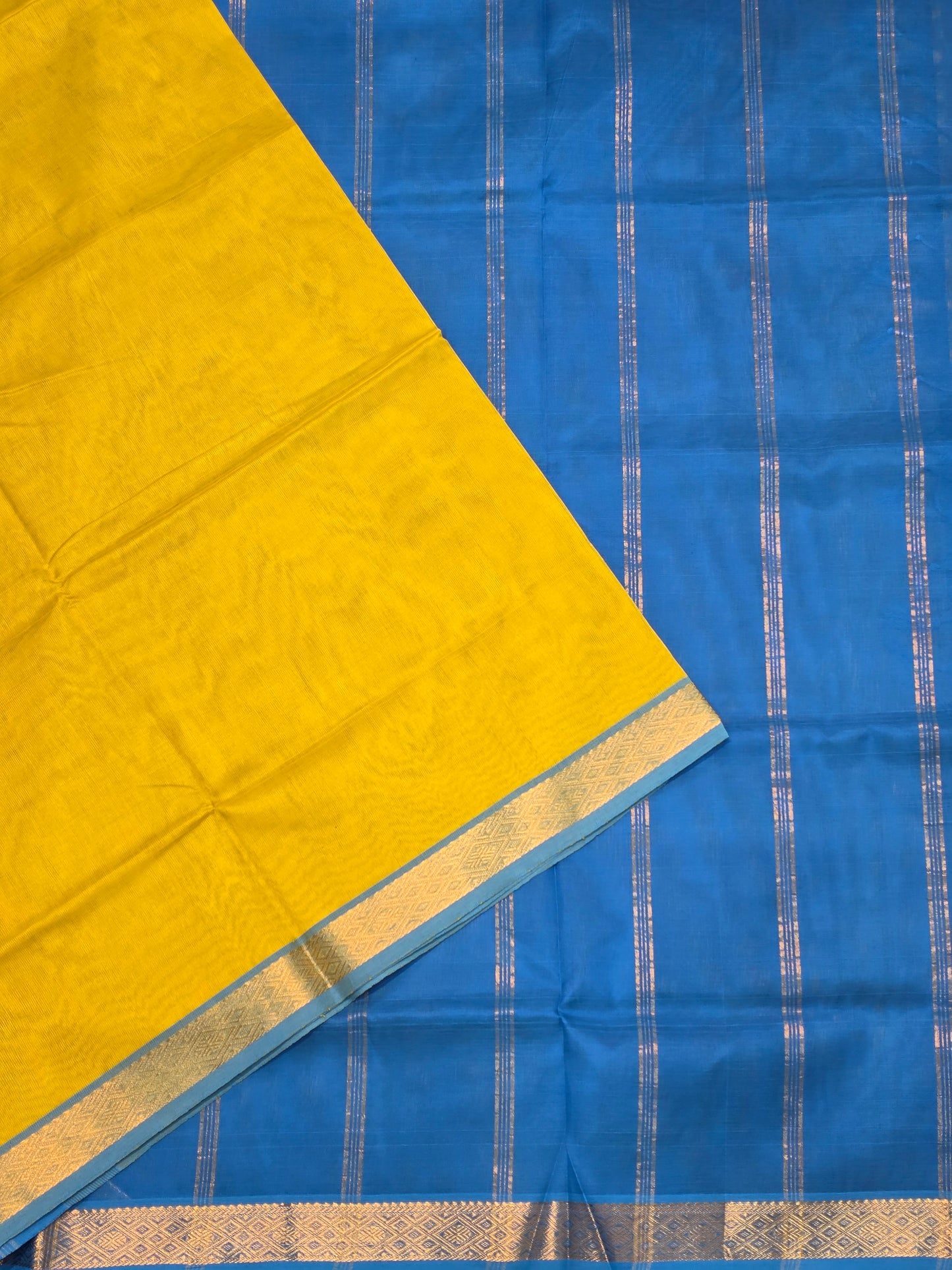 Pure Silk Cotton Mustard Yellow & Sky Blue Saree with Silver Zari Border | Traditional Festive Saree