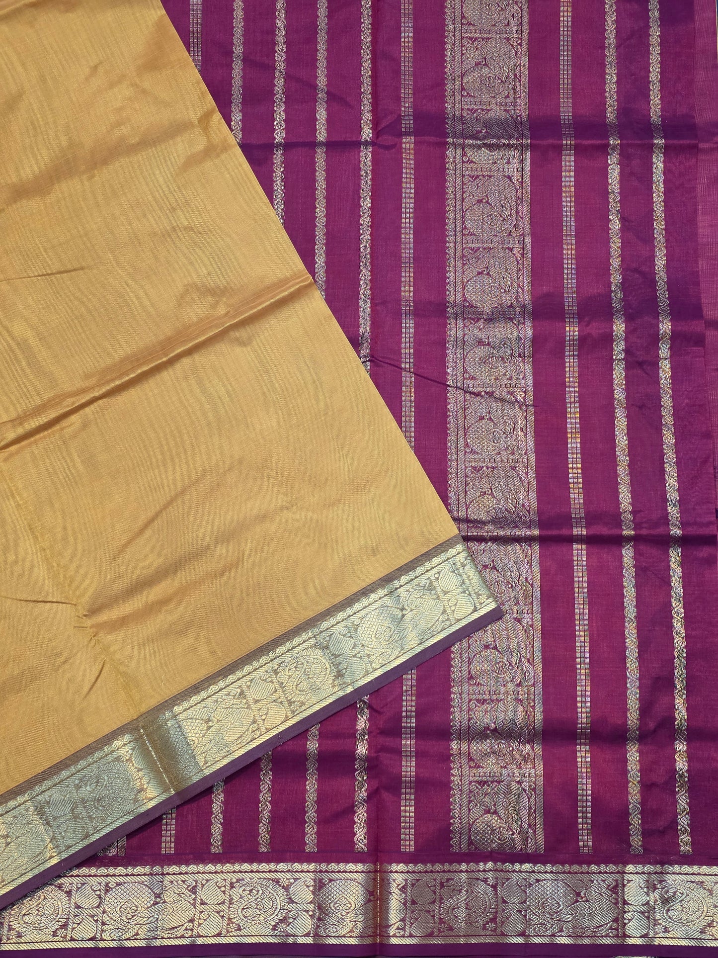 Pure Silk Cotton Antique Gold & Royal Plum Purple Saree with Silver Zari Border | Traditional Saree