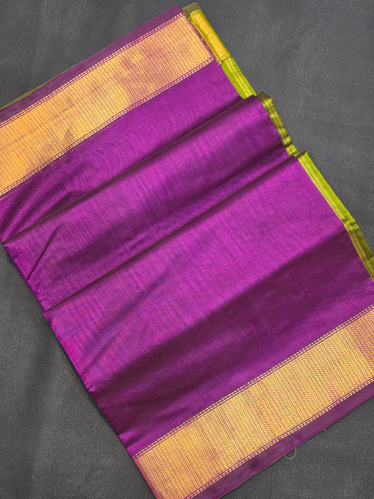 Pure Silk Cotton Royal Purple  &  Olive Green Saree with Gold Zari Border | Bridal Traditional Saree