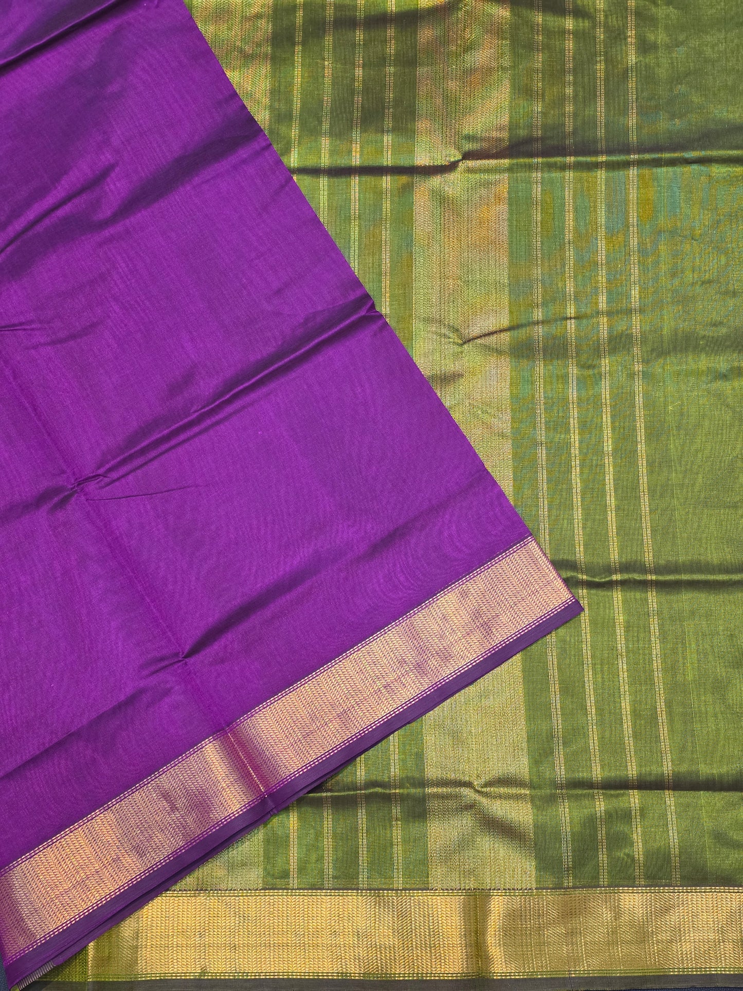 Pure Silk Cotton Royal Purple  &  Olive Green Saree with Gold Zari Border | Bridal Traditional Saree