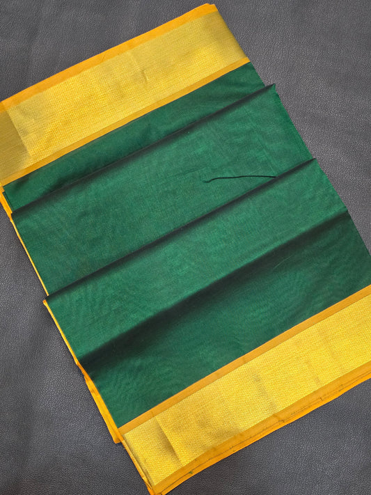 Pure Silk Cotton Emerald Green Saree with Broad Mustard Gold Zari Border | Bridal Traditional Saree