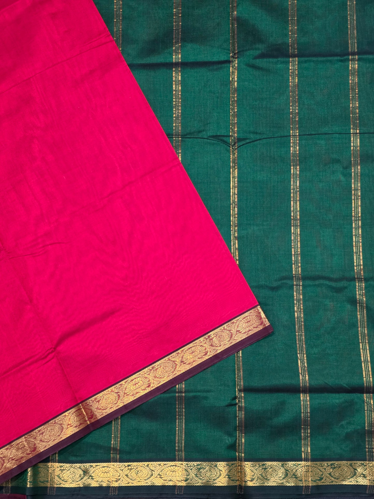 Pure Silk Cotton  Rani Pink & Emerald Green Saree with Gold Zari Border | Bridal Traditional Saree