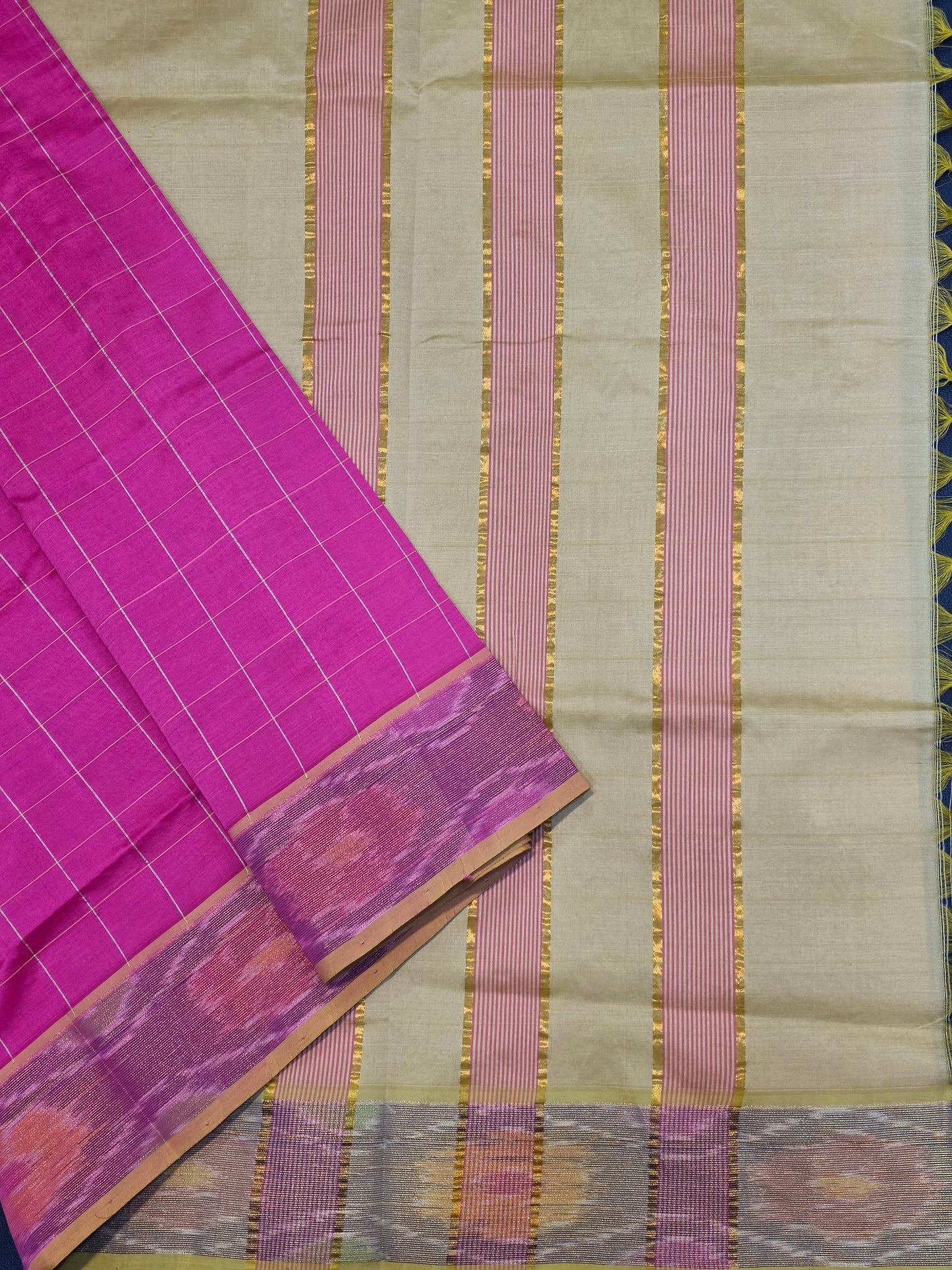 Pink Semi Silk Cotton Saree with Ivory Beige Contrast Pallu & Gold Zari Border | Traditional Festive Saree