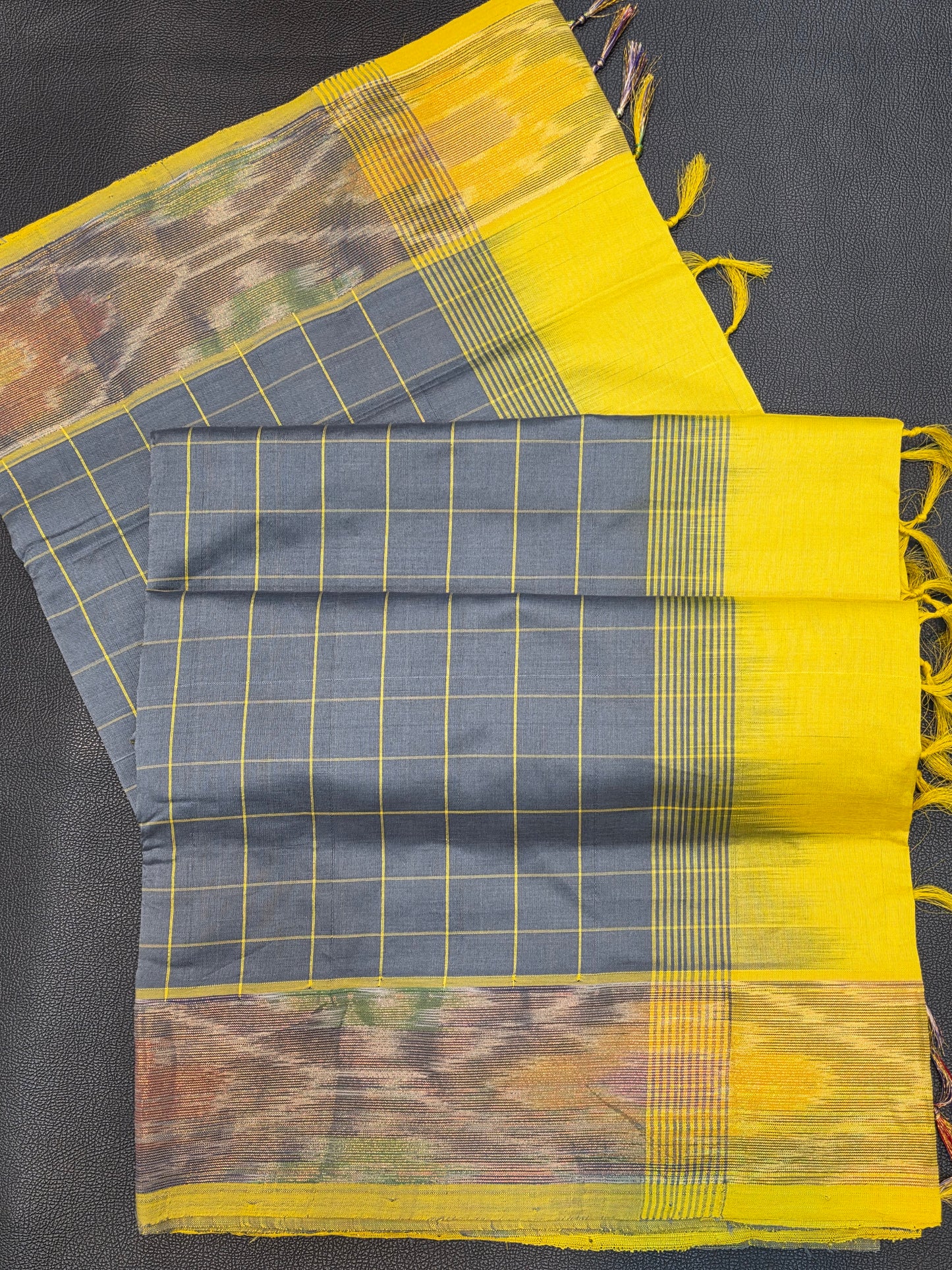 Slate Grey Semi Silk Cotton Saree with Mustard Yellow Contrast Pallu & Gold Zari Border | Traditional Saree