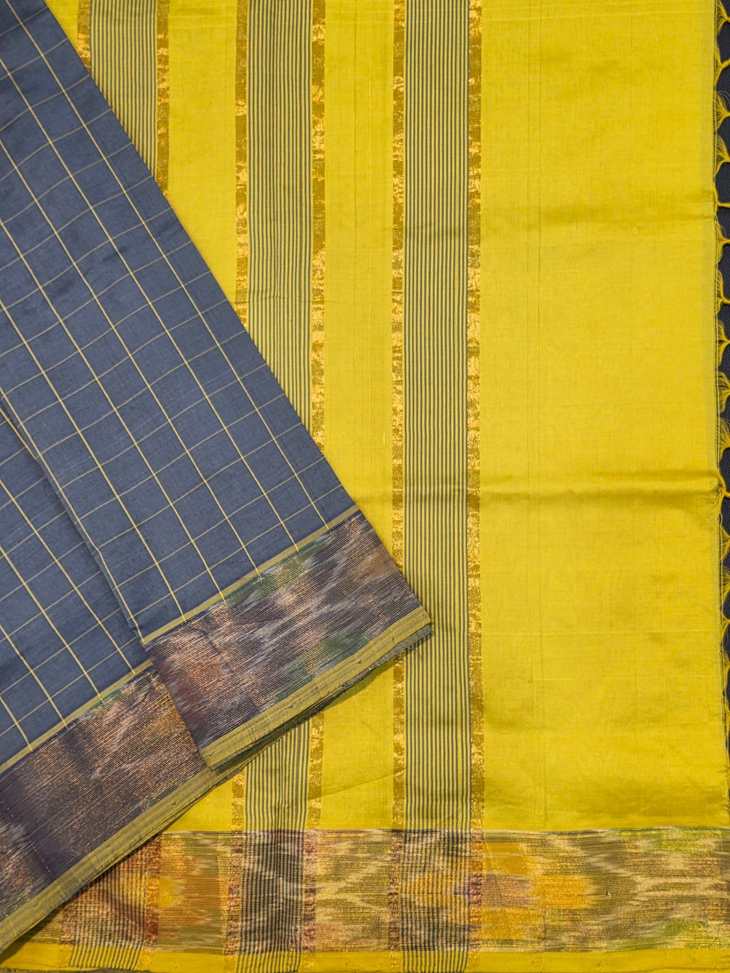 Slate Grey Semi Silk Cotton Saree with Mustard Yellow Contrast Pallu & Gold Zari Border | Traditional Saree