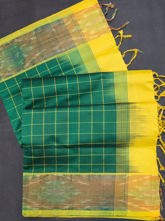 Teal Green Semi Silk Cotton Saree with Lemon Yellow Contrast Pallu & Gold Zari Border | Traditional Festive Saree