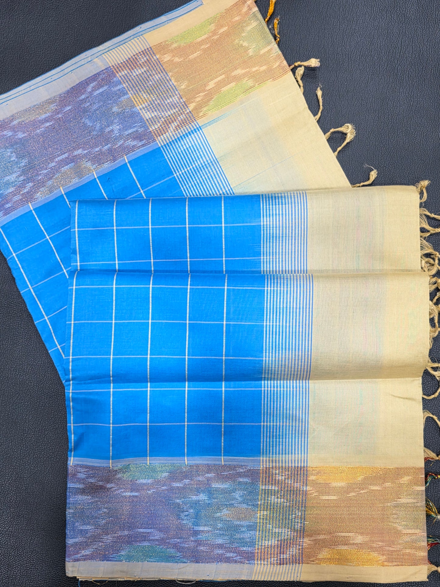 Royal Blue Semi Silk Cotton Saree with Ivory Beige Contrast Pallu & Gold Zari Border | Traditional Festive Saree