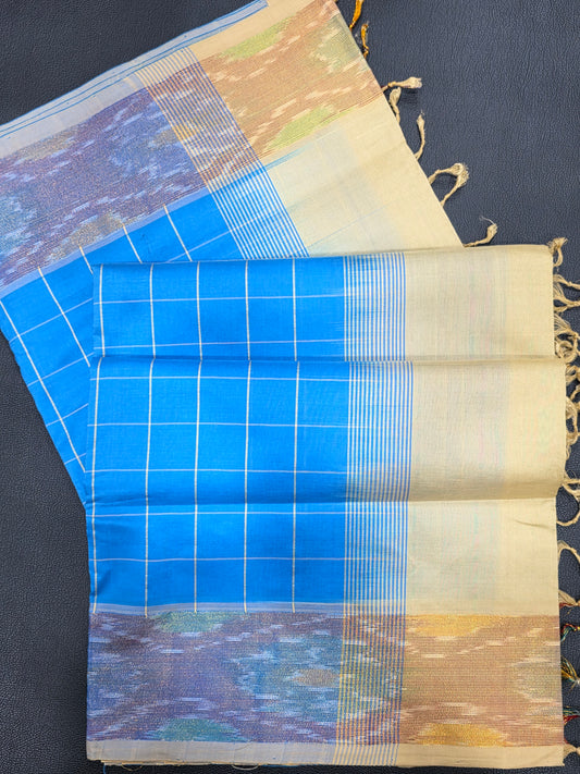 Royal Blue Semi Silk Cotton Saree with Ivory Beige Contrast Pallu & Gold Zari Border | Traditional Festive Saree