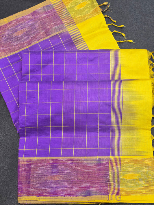 Royal Purple Semi Silk Cotton Saree with Lime Green Contrast Pallu & Gold Zari Border | Traditional Saree