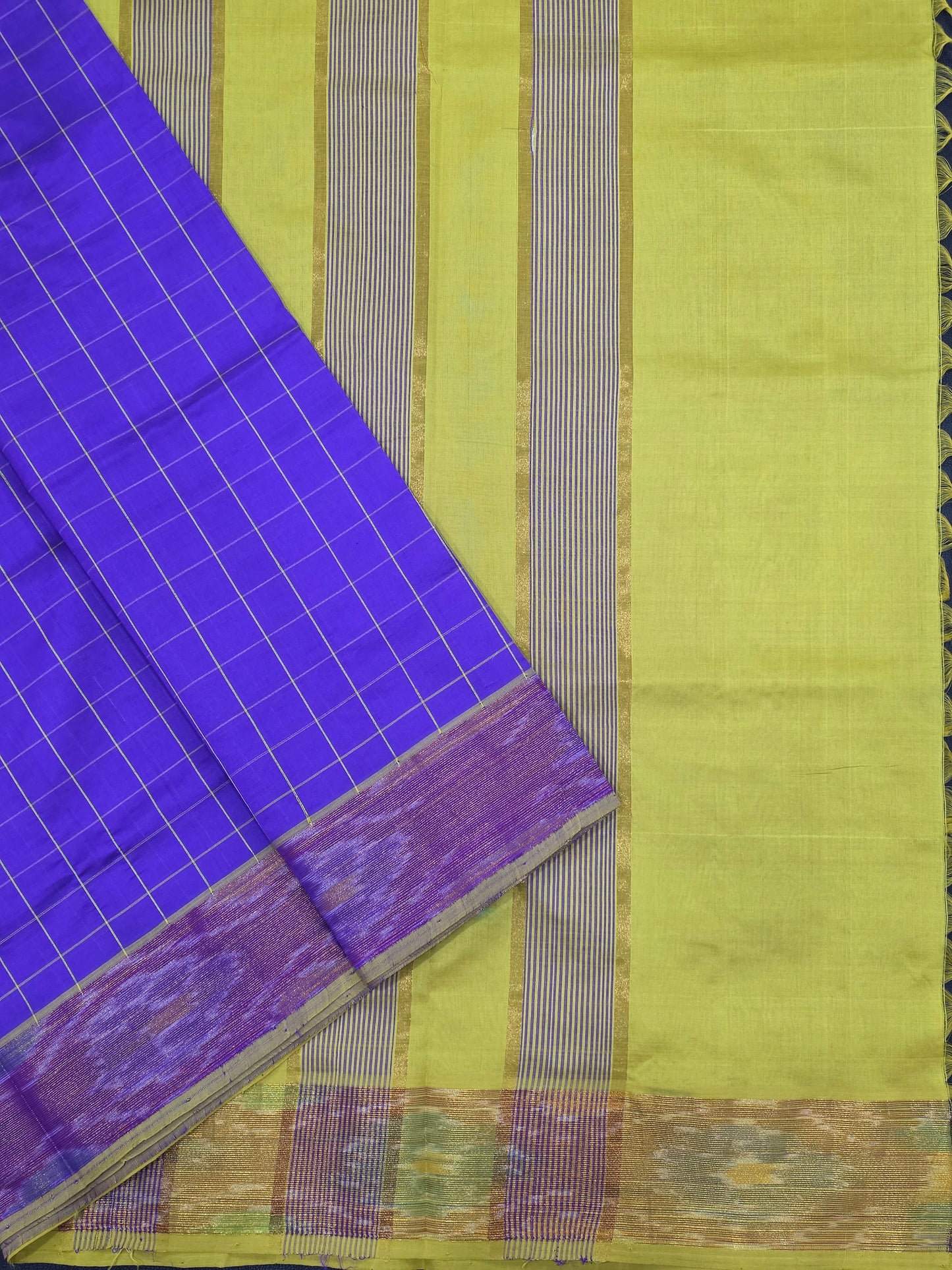 Royal Purple Semi Silk Cotton Saree with Lime Green Contrast Pallu & Gold Zari Border | Traditional Saree