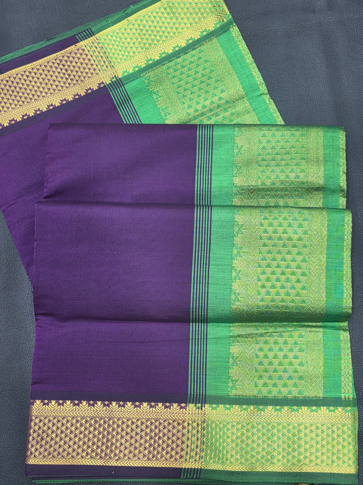 Royal Purple with  Blouse & Gold Zari Border Emerald Green Semi Silk Cotton Saree  | Traditional Festive Saree
