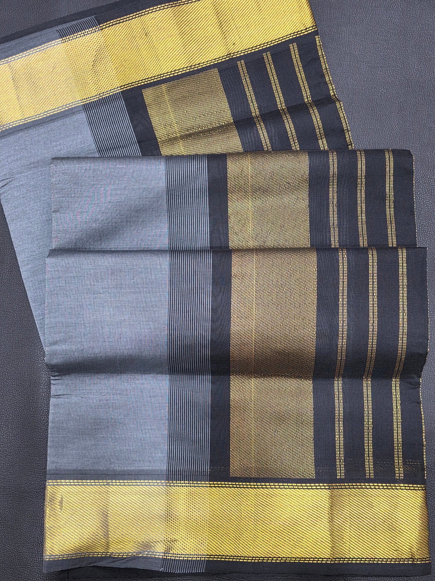 Charcoal Black Semi Silk Cotton Saree with Steel Grey Blouse & Gold Zari Border | Traditional Festive Saree