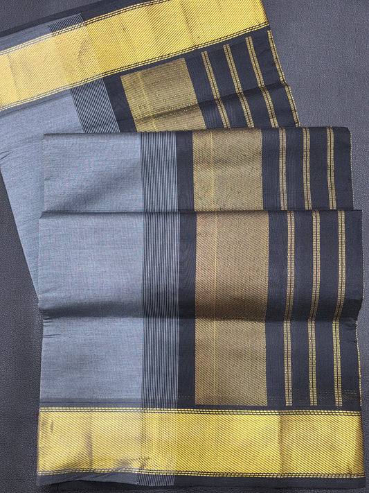 Charcoal Black Semi Silk Cotton Saree with Steel Grey Blouse & Gold Zari Border | Traditional Festive Saree